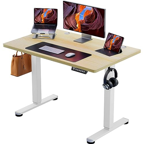 ErGear Escritorio Elevable Eléctrico, Mesa Ajustable en Altura 100x60 cm, Mesa de Oficina con Panel Inteligente de 4 Memorias, Escritorio con Gancho para Mochila y Tablero Ensamblado (Natural)