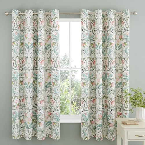 Catherine Lansfield Clarence Floral 66x72 Inch Lined Eyelet Curtains Two Panels Natural Green
