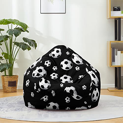 FANSU Copertura per Poltrona Sacco Puff Poltrona Senza Riempimento, Pouf Poltrona con Zip, Poltrona a Sacco Pigro Poltrona per Adulti e Bambini (100x120cm,Sfondo Nero Calcio)