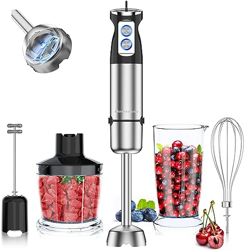 Stabmixer 1000 W, Pürierstab 5 in 1, Stabmixer Edelstahl mit 24 Geschwindigkeiten und Turbomodus, mit 304 Edelstahlklinge, 600ml Rührbecher, 500ml Schneidbecher, Schneebesen und Milchaufschäumer