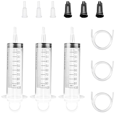 3 Stück 100-ml-Spritzen, 3 Stück schwarze Stopfen, mit Adapter, Schlauch, Spritze mit Schlauch, Flüssigkeitsspritze, Kunststoffspritze für die Tierfütterung, Labor usw.