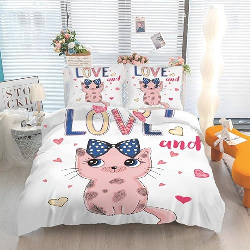 Linfye Housse de Couette 220x240 cm Chat Blanc Parure de Lit Adulte avec Fermeture Éclair, Amour Linge de Lit Parure Housse Couette 2 Personnes en Microfibre + 2 Taie d'oreiller 65x65 cm