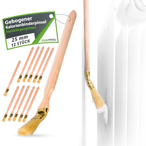 ToolSpace Set 12 Pinceles Curvos para Radiador 25mm Brocha de Pintura Mango Largo 34cm Cerdas Naturales de Cerdo y Madera de Haya Maciza Profesional Pintar Paredes Muebles Zonas de Difícil Acceso