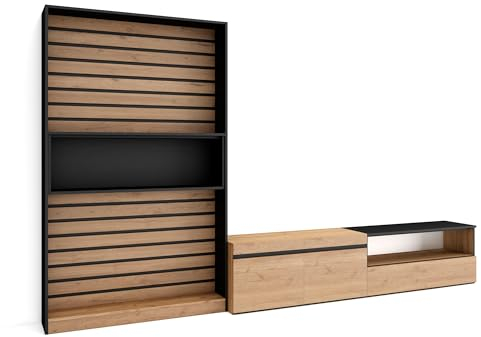 Skraut Home | Ensemble Meuble TV | Meuble Salon Complet | 310x186x35cm | pour Les TV jusqu'à 80 | Salon Complet | Style Moderne | Chêne et Noir