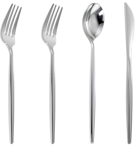 U-QE 120Pcs Silver Plastic Silverware, Luxury Plastic Cutlery, Heavy Weight Flatware, Silver Disposable Utensils Set Include 60 Forks, 30 Spoons, 30 Knives for Party