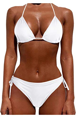 XS Bikini Set, High Waisted Beach Wear Set, Halter Vintage Women's Halter Push up Triangle Bikini Bow Tie Back Low Waisted Sexy Thong Bikini Mum Birthday Gifts Holiday Essentials White