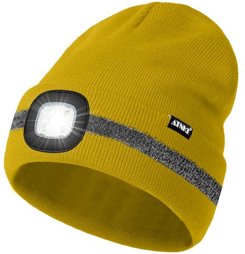ATNKE LED Mütze mit Licht, Wiederaufladbare USB 4 LED Beleuchtete Laufmütze Extrem Heller Lampe Winter Warme Stricken Mütze mit Reflektierendem Streifen für Herren und Damen Geschenke/Yellow