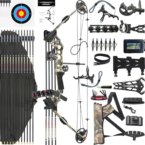 CENWTY Bågskytte Compoundbåge Set PRO 20-70 LBS, Draglängd 24”-30”, upp till IBO 320 fps, Jakt Compoundbåge med alla tillbehör för bågskytte jakt målskytte övning (Camo Vänsterhänt)