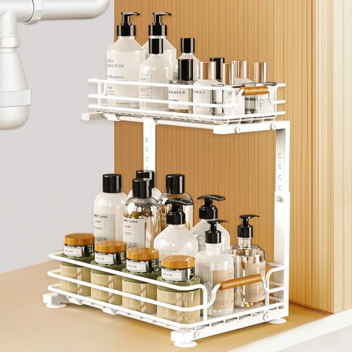 JYPS Schrank Organizer Küche, 2 Etagen Metall Spülschrank Organizer Unter Waschbecken Regal, Höhenverstellbar Ausziehbares Schrank Organizer, Küche Aufbewahrung & Organisation Organizer(Weiß)
