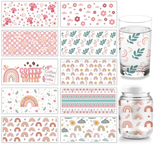 arricraft 10 Blatt UV DTF Cup Wrap Transferaufkleber Im Bohemian Stil 11x24cm Rosa Regenbogen Pilze Zum Aufreiben Transfer Aufkleber Für 16 Unzen Glasbecher Möbel Basteln Holz DIY Basteln