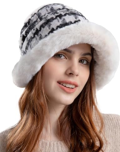 FEOYA Damen Winter Hut Warme Plüsch Fischerhut aus Kunstpelz Winddichte Flauschige Outdoor Mütze Breite Krempe Fellmütze B-weiß