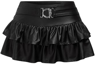 GORGLITTER Women's PU Leather Tiered Ruffle Mini Skirt Low Waist A Line Flared Gothic Skirts Black Small