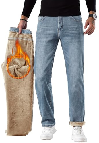 Minetom Jeans Uomo Tasche Invernale Imbottito in Pile Caldo Foderato Elastico Termico Scuro A Vita Alta Denim Pantaloni Termici A6 Blu Chiaro XXL