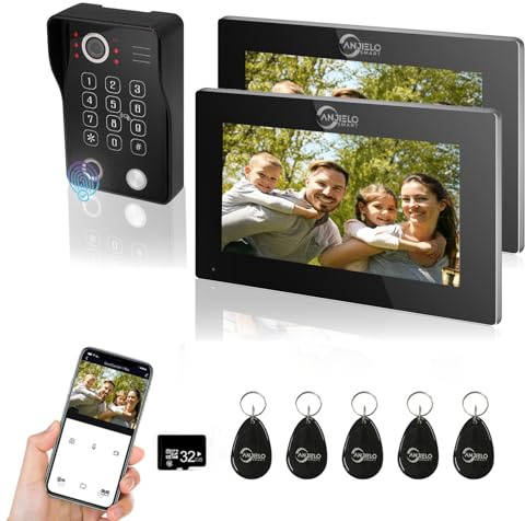 ANJIELO SMART Sistema de Control de Acceso por videoportero con conexión de 4 Hilos, Pantalla táctil de 7 Pulgadas y Timbre con Cable 1080P (1 Timbre + 2 Pantallas)