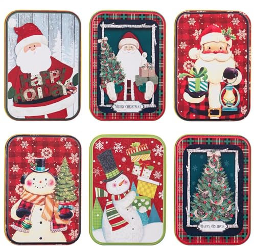 Scatola di latta natalizia, 6 supporti in metallo per biglietti di Natale, decorazioni natalizie, scatole di latta con coperchio, contenitori in metallo per biscotti e caramelle
