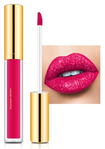 Brillo de labios líquido, color rosa neón con brillo de diamantes, brillo de labios mate y colores brillantes, resistente al agua y de secado rápido, maquillaje de labios de larga duración y sedoso