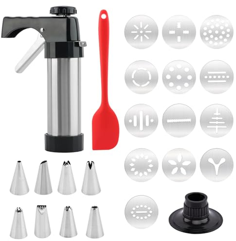 Stainless Steel Cookie Press for Baking,Cookie Maker,Cookie Press Gun Kit with 13 Cookie Discs and 8 Piping Tips for DIY Cake Maker Decorating Baking Supplies