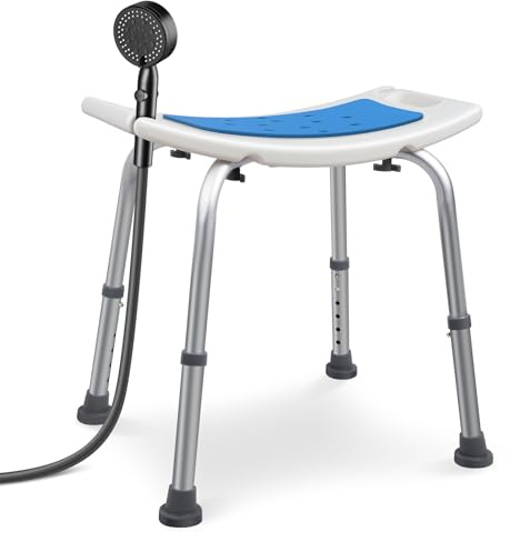 VOUNOT® Tabouret de Douche Hauteur Réglable 38 à 52 cm Siège de Douche Ergonomique avec Pieds Antidérapants pour Personnes Âgées Chaise de Bain Charge Max. 136kg Blanc Bleu