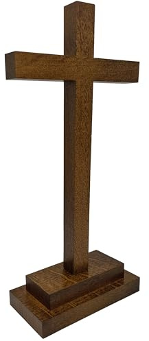 Lunexus Standkreuz Buchenholz 28,5 cm - Handarbeit, gesegnet, für Hausaltar | Massives Buchenholz, edel gebeizt - gesegnet mit Zertifikat - 13 cm breit, 6,5 cm Sockel - für Taufe, Kommunion, Firmung
