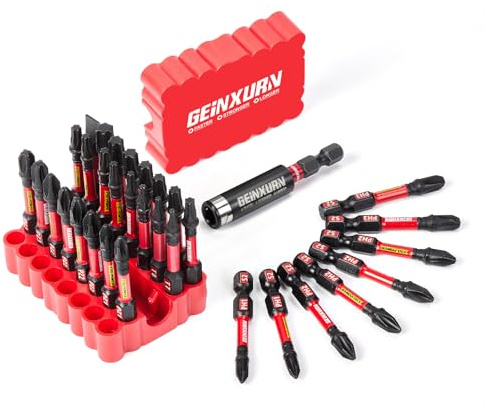 GEINXURN Lot de 33 Embouts de Vissage 50 mm S2 en Acier Allié Magnétique, Jeu d'embouts de Vissage aux Chocs(PH, PZ, Tx, Hex, SL), avec 60mm Porte-embout, Base Flexible Rouge