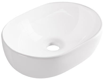 AQUAUNO - Lavabo da appoggio, 48 x 35 cm, ovale, in ceramica bianca, senza foro per rubinetto e troppopieno, per sanitari, bagno moderno