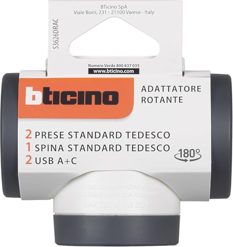BTICINO Adattatore Rotante S3626DRAC, 2 Prese Schuko Standard Tedesco, 2 USB A+C (15W), Spina Grande 16A Rotante 180°, Presa multipla su 3 Lati, Potenza Fino a 3500W, Versatile, Salvaspazio