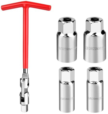 Zündkerzen Schlüssel Satz - 5 Stück Universal Zündkerzensteckschlüssel, T-Griff ündkerzenschlüssel Satz, Zündkerzenschlüssel Set für die meisten Autos, Motorräder, Rasenmäher (Rot,14/16/18/21mm)
