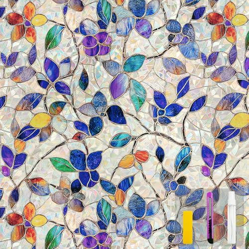 COUNTEWOL Window Privacy Film with Installation Tools Home Decorative Colored Glass Window Stickers Reusable electrostatic Rainbow Stickers (Stained Leaf, 35.4 x 78.7 in)