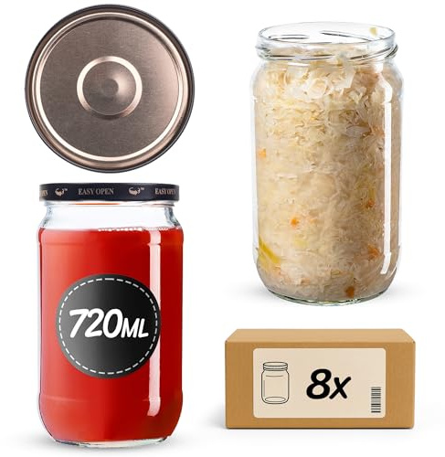 KADAX 8er Set Einmachgläser 720ml TO82, Große Sturzgläser mit Schraubdeckel, Einkochgläser Fermentierglas für Gurken, Gemüse, Sauerteig (Schwarz/Gold)