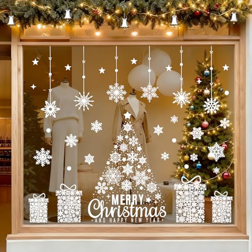 Christmas Window Stickers Large,129 Pcs White Xmas Window Clings Reusable,Double Sided Big Windows Decals Xmas Scene for Shop Office Classroom Decorations with Tree Gift Snowflake for Glass Door Decs