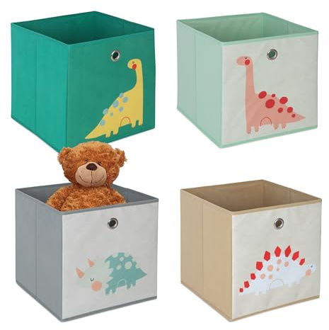 Relaxdays 4er Set, Kinder Aufbewahrungsboxen, süße Dino-Motive, Faltbox für Würfelregale, HBT: 30x30x30 cm, Textil, bunt