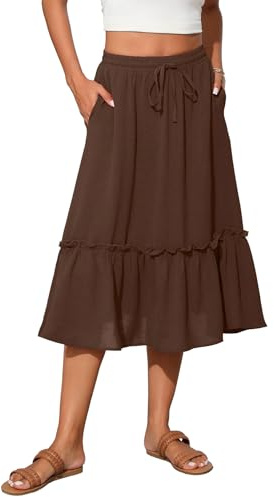 TASAMO Women's Elastic High Waist Flared Skirt with Tiered Hem and Adjustable Drawstring - Lightweight and Breathable for Everyday Wear Olive Brown