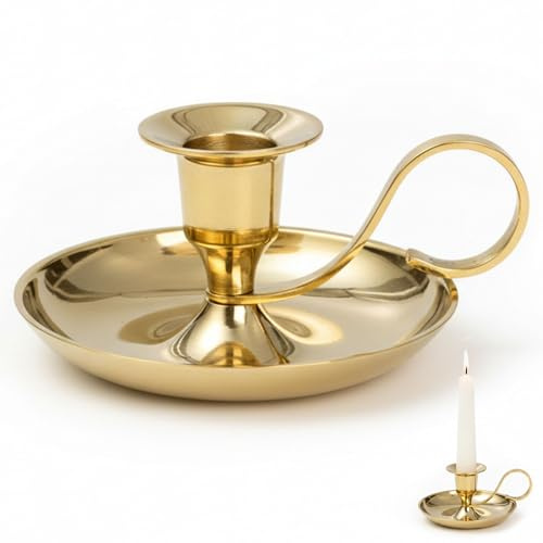 MOMENTU® Handleuchter Kerzenleuchter Kerzenständer mit Griff [Gold Messing] Für Stabkerzen, Leuchterkerzen oder Tafelkerzen mit Ø2–2,2 cm Kerzenhalter Retro- Vintage- Kerzenhalter Hochzeit