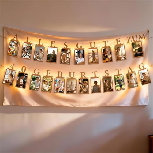 TUZELITY Fotogirlande 40 Deko Geburtstag Männer Frauen– 40. Geburtstagsdeko Fotogirlande für Geburtstagsparty – Alles Gute zum 40. Geburtstag Girlande inkl. LED-Lichterkette