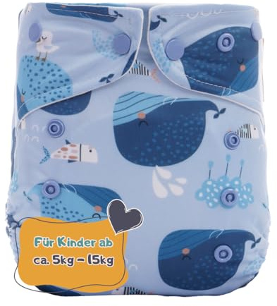 All in One Windel One-Size, einfach wie eine Wegwerfwindel | mit eingenähten Saugmaterial, Rundum Sorglos Stoffwindel, ca. 5-15kg, kein Hantieren mit Saugeinlagen, Whale