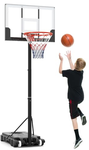 GYMAX Basketball Hoop, 3.3-7 FT Height Adjustable Portable Basketball Goal with Shatterproof Backboard, Wheels and Fillable Base, Outdoor Basketball Hoop and Stand | with Shatterproof Backboard, Wheels and Fillable Base, Outdoor Basketball Hoop and Stand