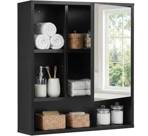 LIFEZEAL Spiegelschrank Bad, Badezimmerschrank mit Spiegel, Hängeschrank Wandschrank mit verstellbarem Regal & offenen Fächern, Badschrank mit Spiegeltür (Schwarz, 55 x 16,5 x 61 cm)