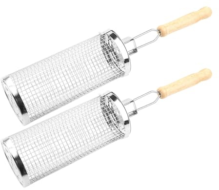 2 x grillvärldar grillkorg rostfritt stål BBQ grillkorg rullande grillkorg 20 cm korglängd BBQ tillbehör för grönsaker kött fisk korv grilltillbehör med trähandtag avtagbara (2)