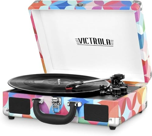 Victrola Journey Bluetooth Portable Suitcase Record Player – with Built-in Speakers, 3 Speed Vinyl Record Player, RCA Out, Headphone Jack (GEO)