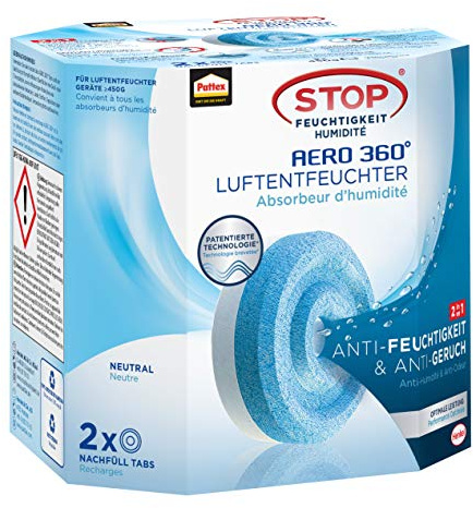 Pattex AERO 360° Neutral Tabs Nachfüllpack, reduzieren Feuchtigkeit und schlechte Gerüche, Nachfülltabs für den Luftentfeuchter AERO 360°, 2er-Pack (2x450g)
