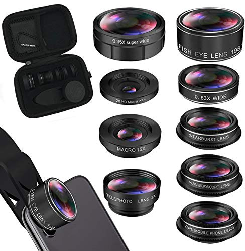 KEYWING Phone Lens Kit 9 in 1 Phone Camera Lens, Zoom Lens+198° Fisheye +0.35X Super Wide-Angle + 20X Macro Lens + 0.63X Wide Lens + CPL +Kaleidoscope Lens +Starburst for iPhone Samsung Android