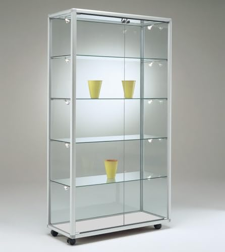 MHN Glasvitrine mit Rollen T 52,5 x B 99 x H 184,5 cm - große Glas Standvitrine abschließbar - breite Ausstellungs-Vitrine - LED-Beleuchtung