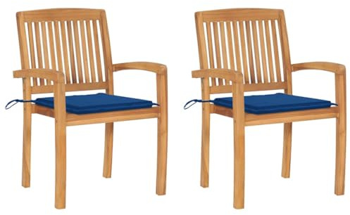 vidaXL 2X Teak Massiv Gartenstuhl mit Königsblauen Kissen Stapelbar Essstuhl Holzstuhl Stapelstuhl Gartensessel Gartenmöbel Stuhl Sessel Gartenstühle