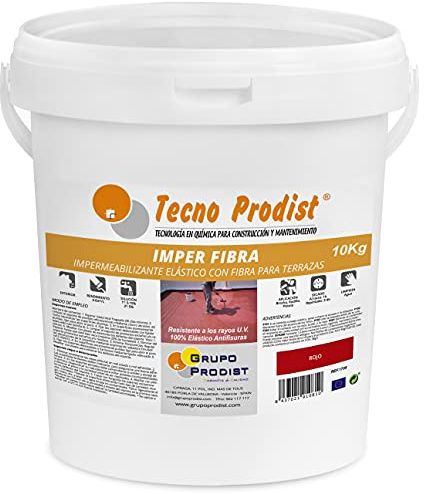 Tecno Prodist IMPER FIBRA (10 Kg, ROSSO) Pittura impermeabilizzante ed elastica per terrazze - guaina liquida fibrorinforzata - Alta copertura - (Rullo o pennello, in colore rosso o bianco)