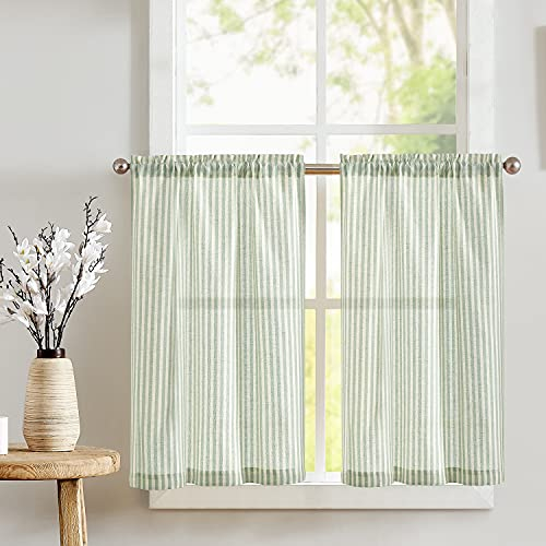 TOPICK Green Striped Kitchen Curtains 24 Inch Drop, Small Cafe Curtains, Light Filtering Rod Pocket Short Half Window Curtain Tier for Bathroom, Cupboard Base, Sink, RV, 2 Panels, W26 x L24 Inch