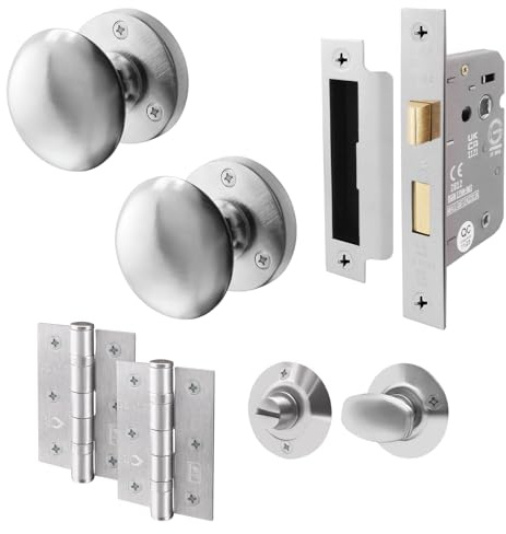 EAI Satin Chrome Door Knobs with Bathroom Lock 80mm and Hinges - Victorian