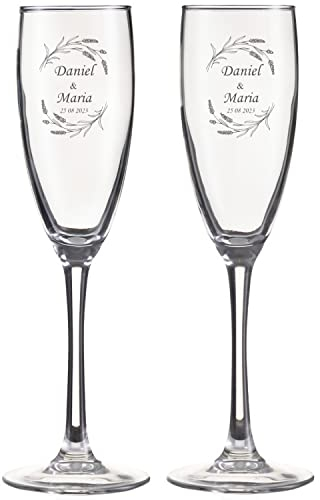 Wanapix | Calici da Spumante Personalizzato con Nome e Data| Bicchiere da Champagne | Flute Spumante | Inciso al Laser | 20 cl | Set da 2 | Regalo originale | Anniversario