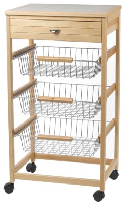 Mottiwood Carrello da Cucina in Legno, Ruote Girevoli, Legno di Faggio, 3 Cassetti Salvaspazio, Dimensiono: L 45.5 x H 87.5 x P 36.5 cm
