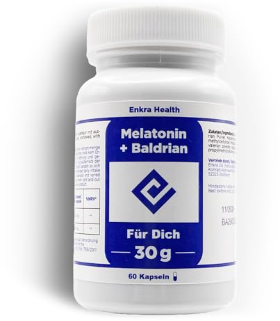 Enkra Health Melatonin + Baldrian Kapseln - 180 Kapseln - 0,5 mg Melatonin & 100 mg Baldrian je Kapsel - Vegan