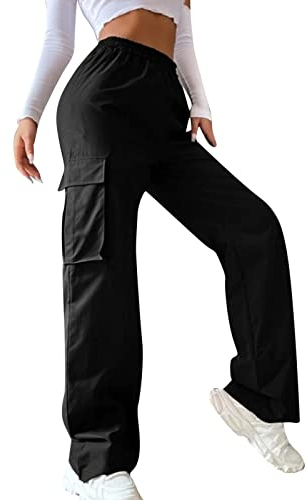 Cargohose Damen High Waist Jogginghose Teenager Mädchen Cargo Hose Cargohosen Y2k Hosen Straight Sweathose Elastische Bund Capri Hosen Schlaghose Sport Jogginghose Streatwear mit Taschen
